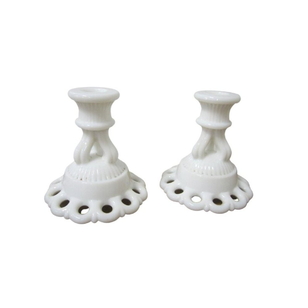 Westmoreland Milk Glass Doric Lace Candle Holders by Westmoreland Glass 1960s